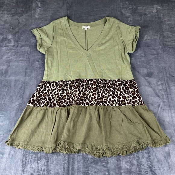 Umgee Dress Tunic Oversized Blouse Women Size Small Green Cheetah Linen Blend - Picture 1 of 6